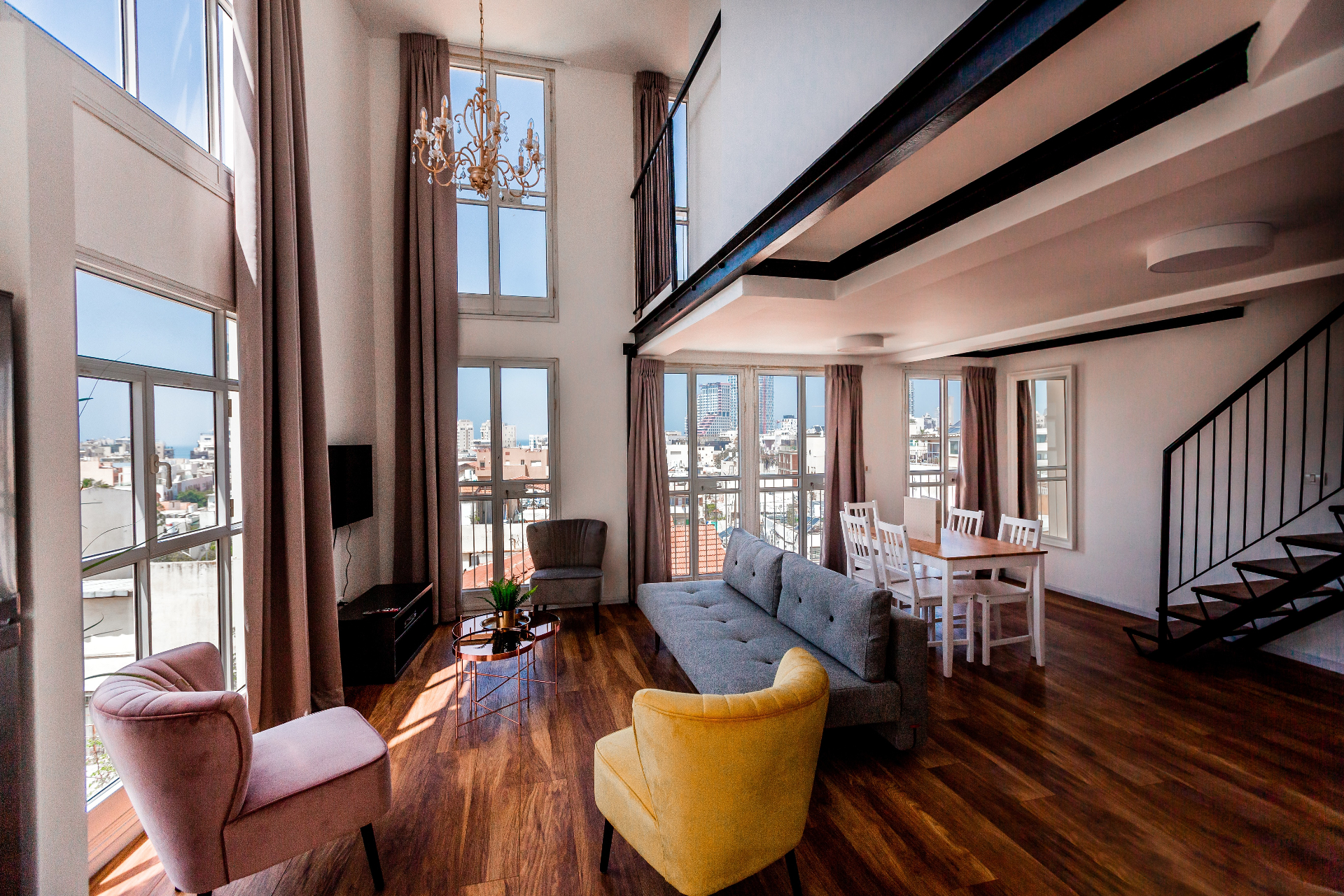 Stylish apartment interior with high ceilings and natural light